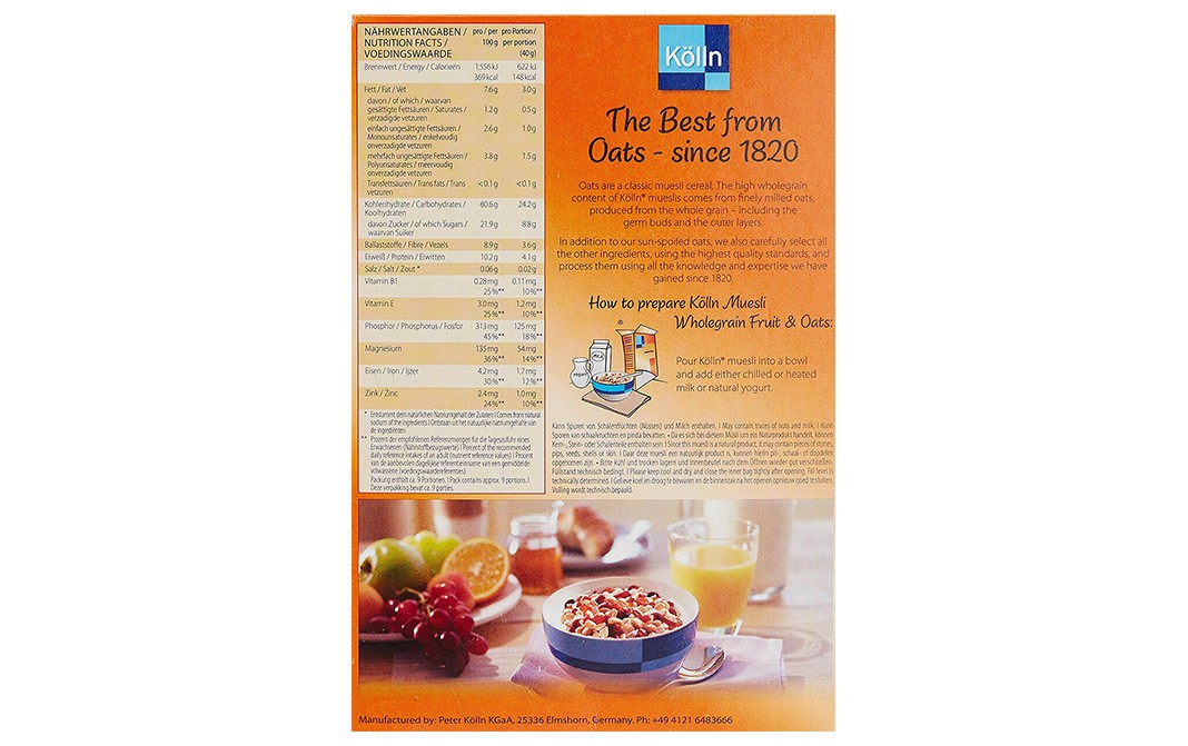 Kolln Muesli Wholegrain Fruit & Oats, Fruchte   Box  375 grams